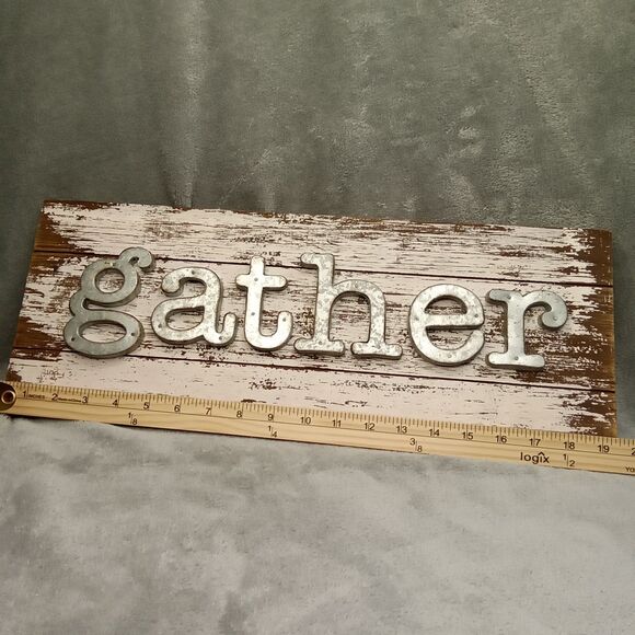 Gather Sign For Home Decor White Rustic Farmhouse Wood‎ w/ Metal Lettering - Picture 3 of 8